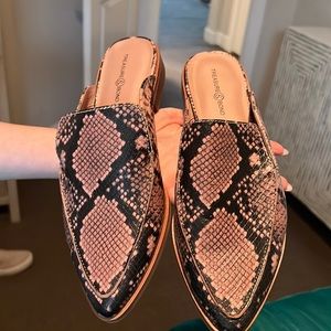 Pink, brown, and black snake skin mules